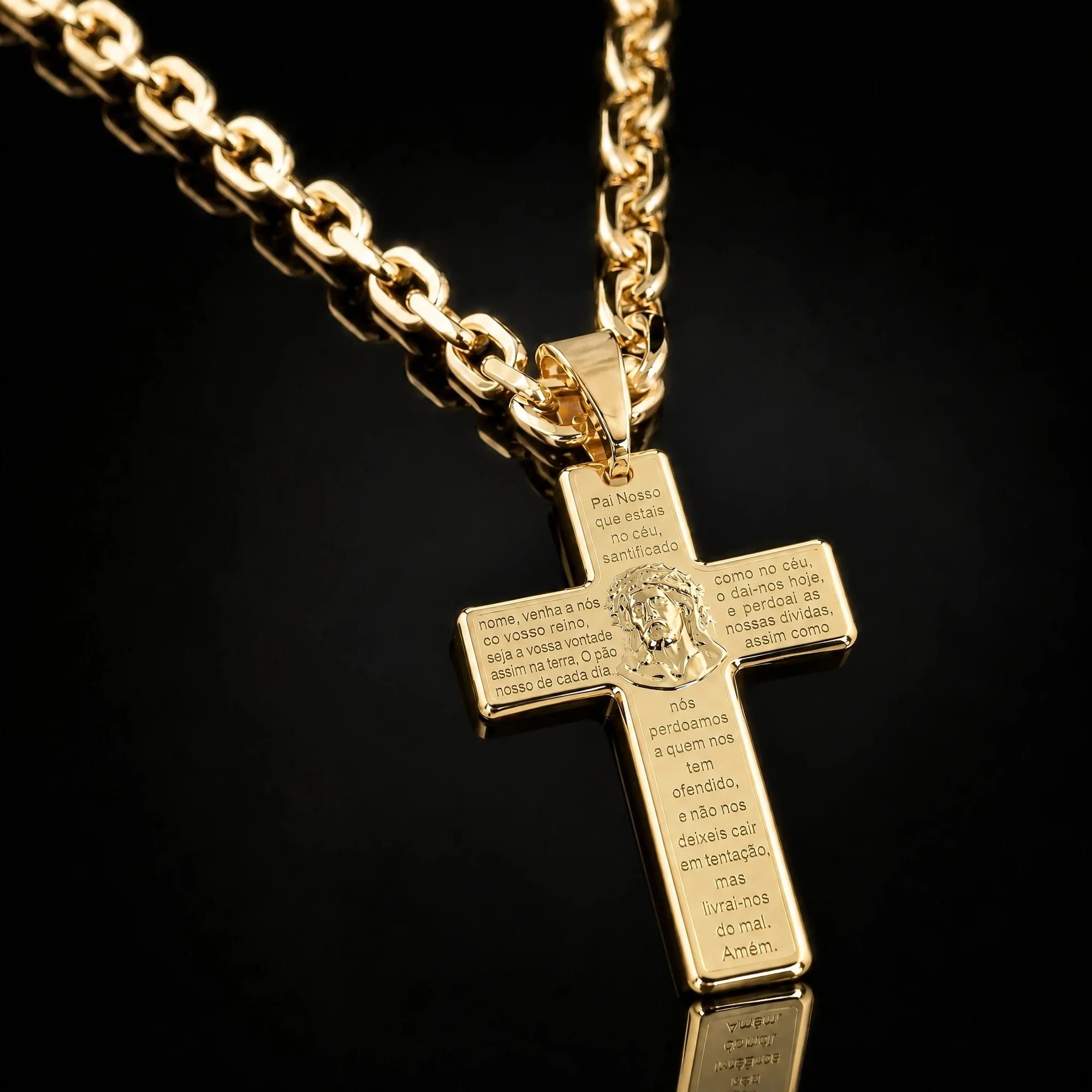 Corrente Cadeado 5mm + Crucifixo Pai Nosso com Cristo G