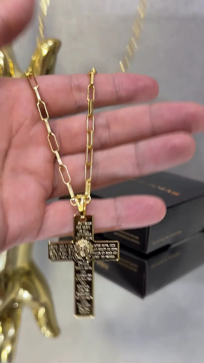 Corrente Tijolinho 3,5mm + Crucifixo Pai Nosso com Cristo