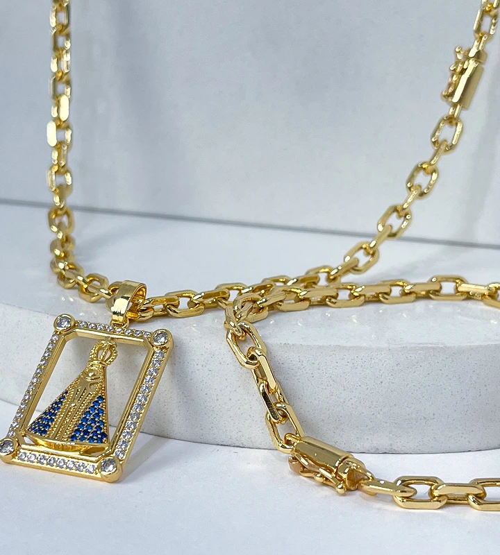 Corrente Cadeado 5mm 38,8g e Pulseira Cadeado 5mm + NSRa Quadradado Manto Azul Cravejado G