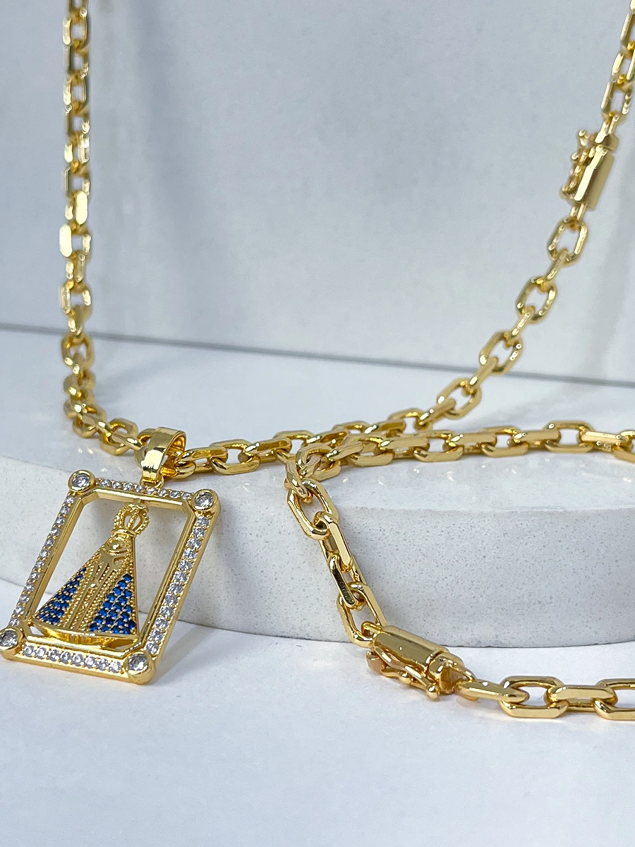 Corrente Cadeado 5mm 38,8g e Pulseira Cadeado 5mm + NSRa Quadradado Manto Azul Cravejado G