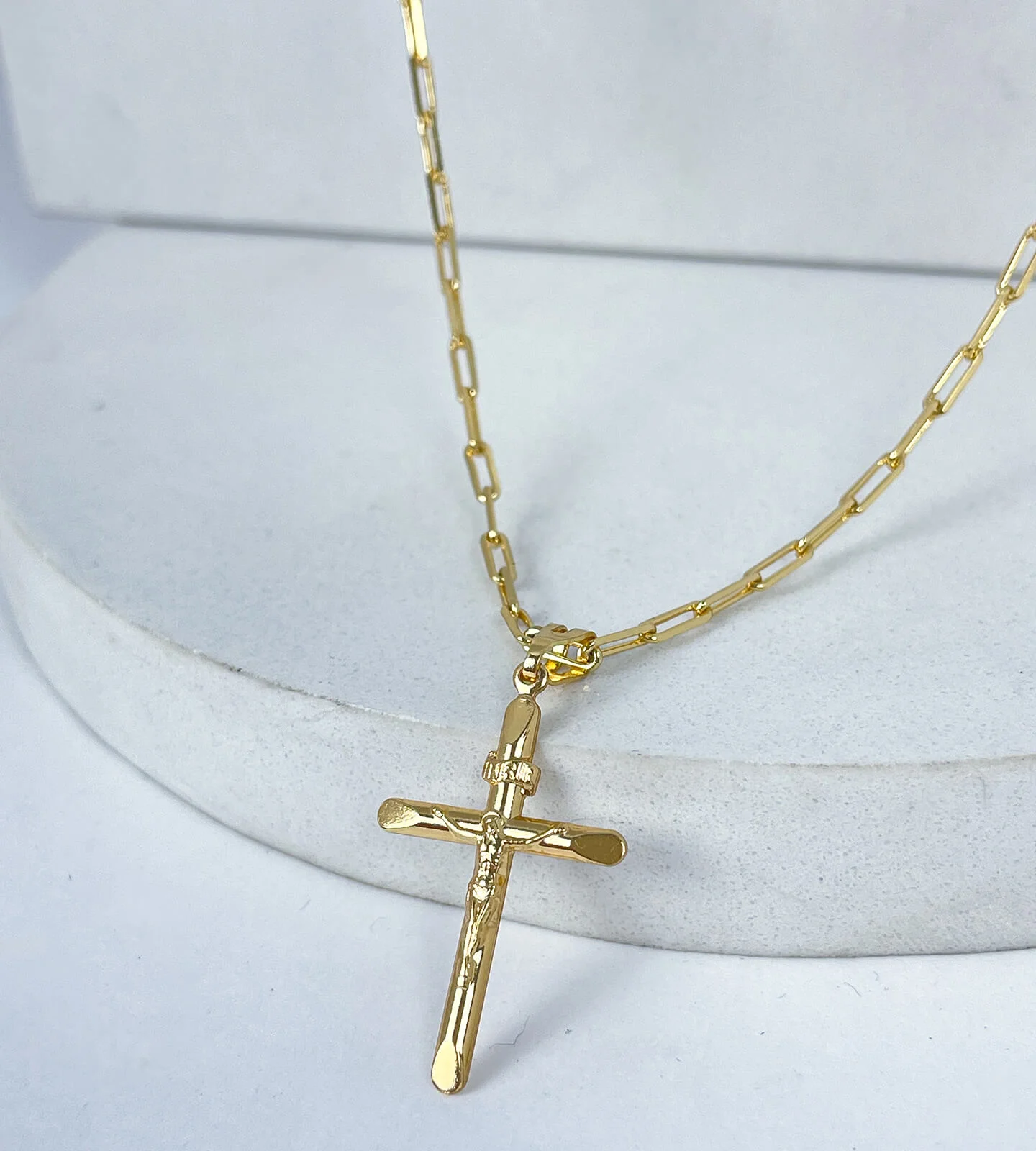 Corrente Cadeado Alongado 3mm + Crucifixo Estampado Com Cristo