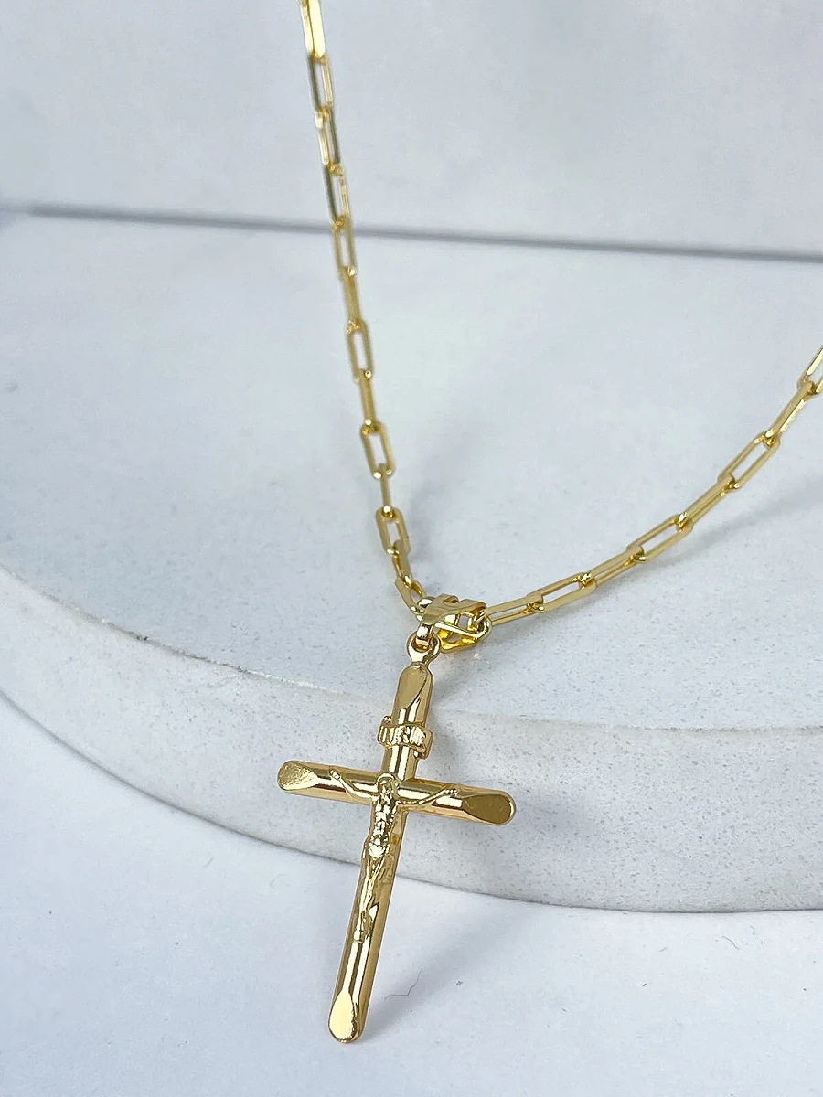 Corrente Cadeado Alongado 3mm + Crucifixo Estampado Com Cristo