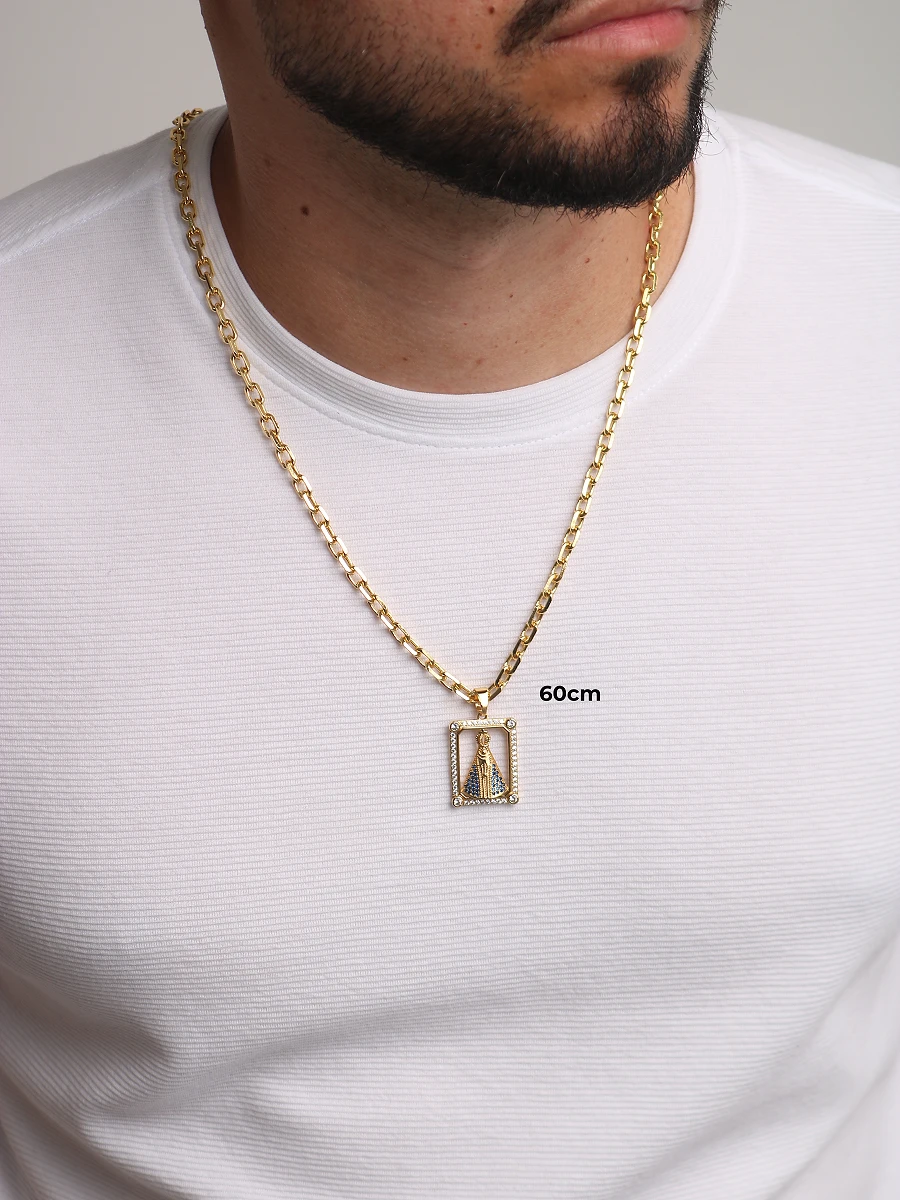 Corrente Cadeado 5mm 38,8g e Pulseira Cadeado 5mm + NSRa Quadradado Manto Azul Cravejado G