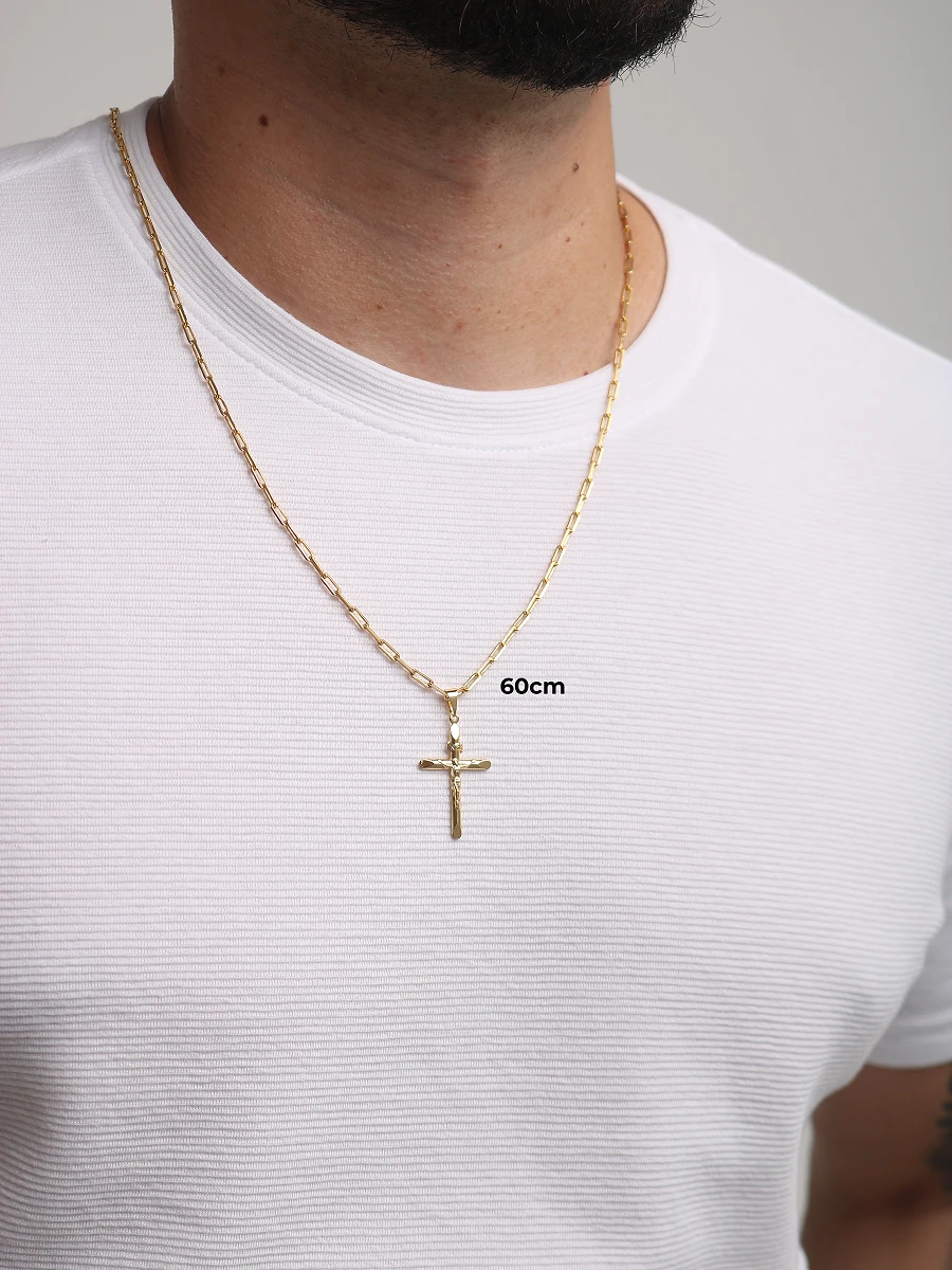 Corrente Cadeado Alongado 3mm + Crucifixo Estampado Com Cristo